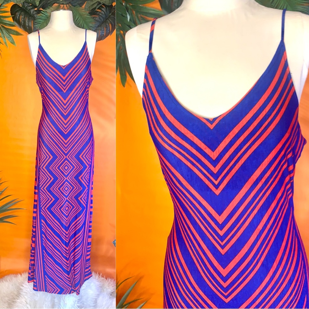 SOLD- Sevengate Blue & Red Geometric Print Summer Maxi Dress Chevron Diamond